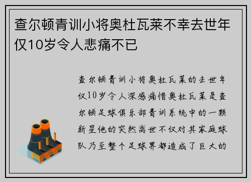 查尔顿青训小将奥杜瓦莱不幸去世年仅10岁令人悲痛不已