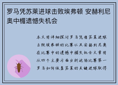 罗马凭苏莱进球击败埃弗顿 安赫利尼奥中楣遗憾失机会